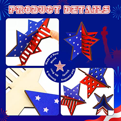 6 Set 4Th Of July Patriotic 3D Wooden Star Signs Table Centerpiece Memorial Day Party Decorations Rustic Farmhouse Glitter Block Signs For Independence Day Tabletop Tiered Tray Home Office #TOP4
