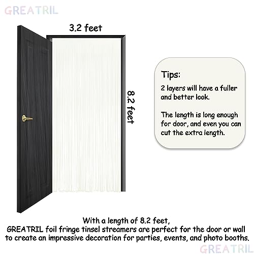 Image of White Party Streamers Decoration - GREATRIL Foil Fringe Backdrop for Daisy Groovy Birthdays /Anniversary /Graduations /Bridal Shower /Cocktail /Prom /Gala - 3.2ft X 8.2ft - 2 Packs