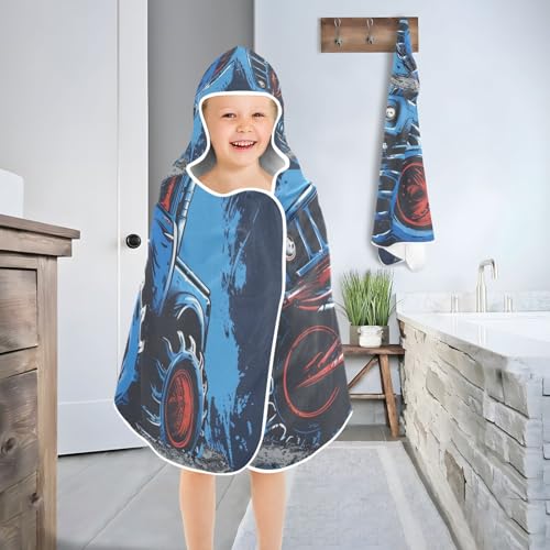 Image of Blue Monster Truck Hooded Beach Towel for Kids, Kids Bath Hooded Towels for Boys Girls, Super Soft Absorbent Bathrobe with Hood for Swin Pool 50 inchx23.5 inch