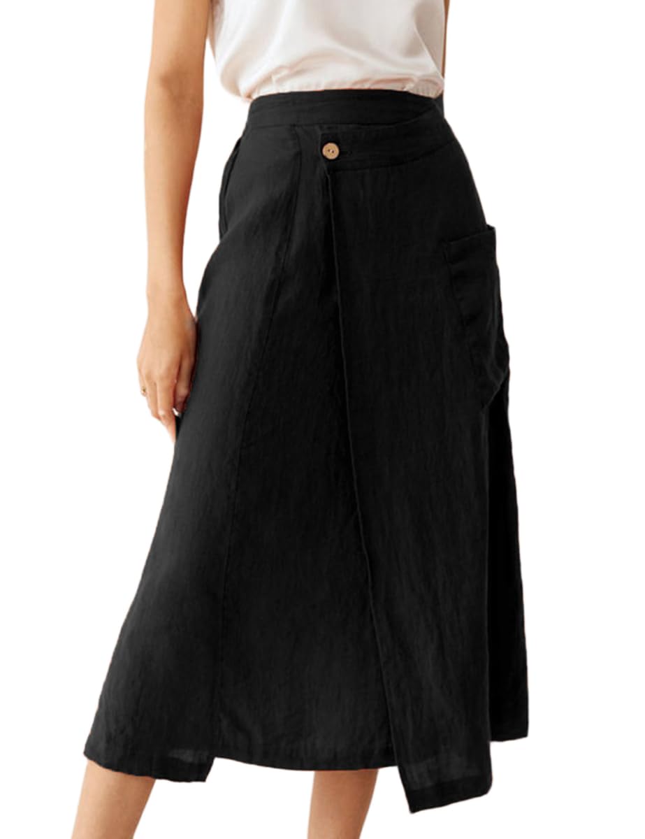 IDEALSANXUN Linen Skirts for Women Summer Casual Cotton A Line Elastic High Waisted Midi Skirts with Pockets