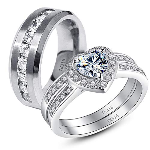 MABELLA Couple Rings Stainless Steel Matching Band Women Heart Cut Sterling Silver Wedding Engagement Ring Set Women's Size 5 Men's Size 9