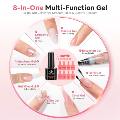 Image of modelones 5 Colors Builder Nail Gel, Cat Eye Gel Top Coat and Magnet Set | Rubber Color Base Gel Polish for Thickening Apex Building Strengthener Short Extension Home DIY Salon Girls LED Lamp Cured