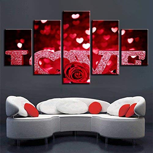 Leinwand Wandkunst Gemälde für Wohnkultur Bild Öl 150x80cm Rote Rose Blume herzförmige Liebesbrief 5 Stück Modern Artwork Wandbild Die Bilder