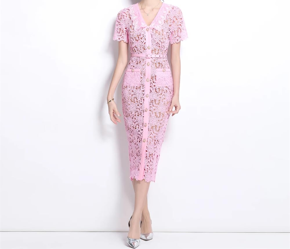 Vestido de encaje de verano for mujer - Vestido ajustado midi de manga corta for bodas, fiestas y días festivos - Rosa M(6)
