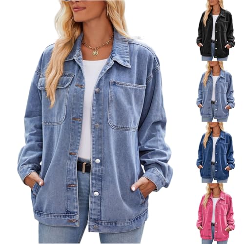 Women's Oversized Denim Jacket Casual Long Sleeve Button Jean Jacket Coat Loose Boyfriend Jackets Trendy Shacket