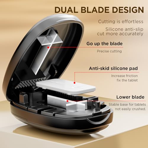 Image of Pill Cutter Splitter for Small and Tiny Pills, 1 /2 1 /4 Pill Splitter for Small Pills,Vitamins, Tablets in Half or Quarters, Accurate and Easy Cutting, Stainless Steel Blade, Back Storage (Black)