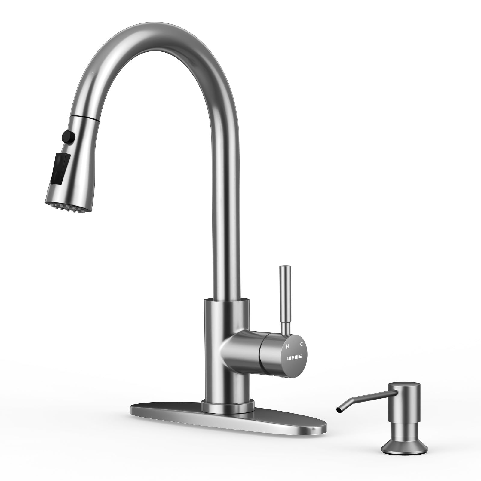 WEWE Robinet de cuisine avec distributeur de savon et pulvérisateur extractible, robinet classique à poignée unique 3 modes en acier inoxydable pour évier de cuisine, camping-car, acier inoxydable