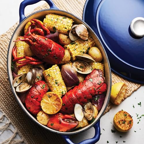 Image of TRAMONTINA Bestow Oval Dutch Oven 6.6L with Lid | Enameled Cast Iron Casserole Pot & Biryani Pot | Even Heat Retention | Low Oil Healthy Cooking | No Seasoning Required | All Cooktops Compatible | Blue