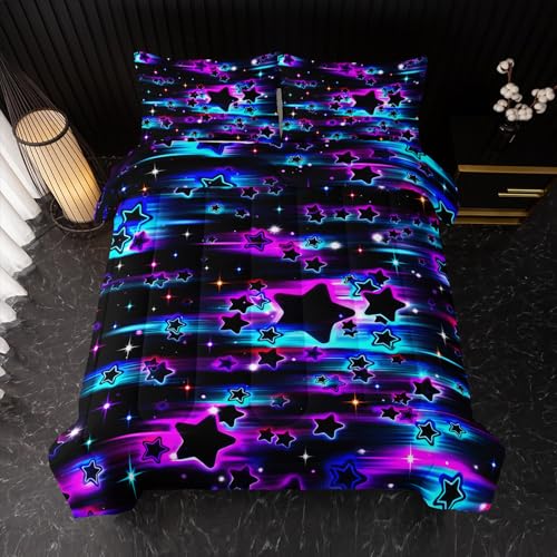 Image of Nttopship Colorful Sky Meteor Stars Comforter Set King Size,Beautiful Galaxy Bedding Sets 3-Pieces for Boys Girls Teen Room Decorat, Soft Lightweight Bed Set with Comforter 2 Pillowcases