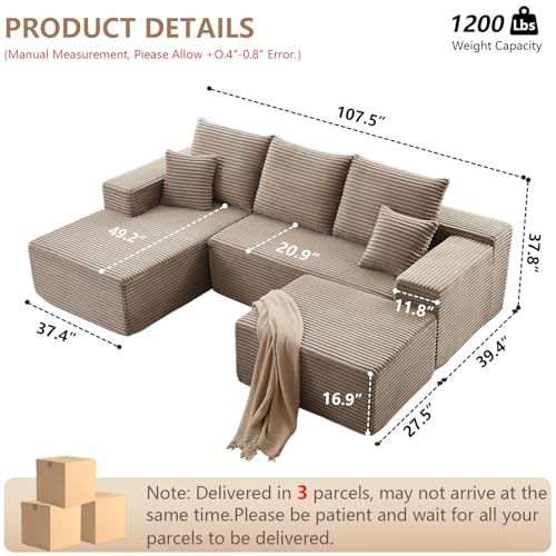 Image of 107 inch Modular Sectional Sofa with Ottoman, Modern Corduroy Cloud Couch with Deep Seat, Boneless Couch Upholstered 3-Seater U-Shaped Sofa for Living Room, No Assembly (Camel, Left-Facing Chaise)