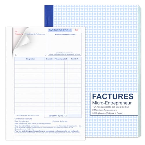 A5 Manifold Factures Micro-Entrepreneur 50 Feuillets Autocopiants Numérotés en Duplicatas Facturier Portable Auto-entrepreneur Carnet de Facturation Format...