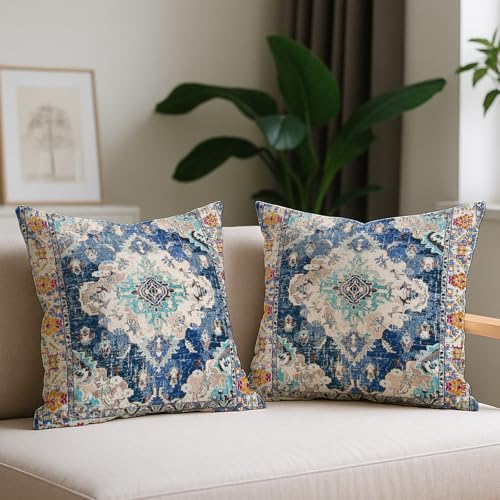 Vorysum Fundas Cojines 45x45cm Bohemio Azul Fundas de Cojines Retro Terciopelo Funda Cojin Abstracto Exótico Cuadradas Suave Fundas de Almohada Decorativo para Sala Sofá, Dormitorio, Exterior Jardin