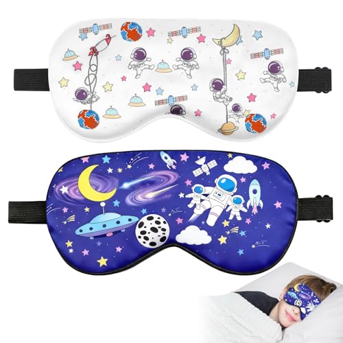 2 Pcs Sleep Mask for Kids Boys Silk Eye Covers for Sleeping Adjustable Strap & Light Blocking Design Childrens Bedtime Blindfold for Travel and Home Use (Astronaut)