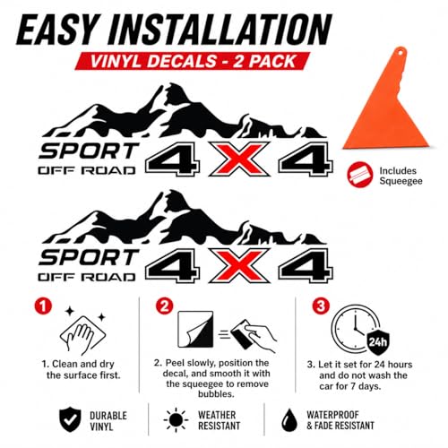 Image of 4x4 Off Road Sport Truck Decal Stickers 2PCS - Premium Vinyl Side Graphics for Pickup Bed - Compatible with Tacoma, Tundra, F150, RAM, Wrangler - Black & Red - Includes Squeegee (Mountain Sport)