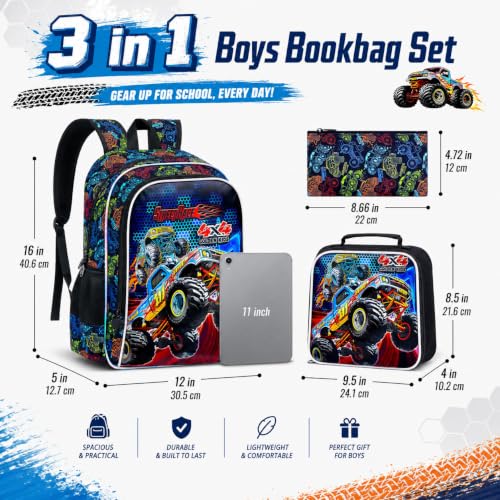 Image of 16 inch Truck Backpack, 3Pcs Boy Bookbag for Elementary Preschool Kindergarten, Kids School Backpacks with Lunch Box (Black)