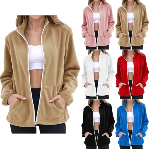 Soft Women's Lightweight Warm Full Zip Fleece Jacket with Pockets Khaki L - image 1
