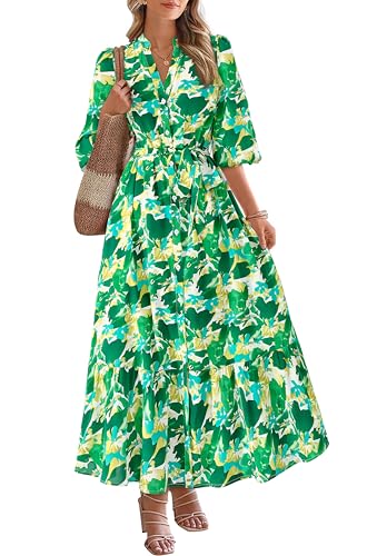 MASCOMODA Womens Floral Maxi Dresses Boho Summer Casual V Neck 3/4 Puff Sleeve Button Down Tie Waist...