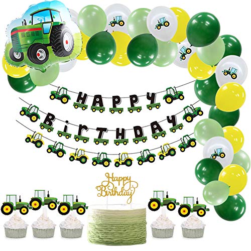 SUNBEAUTY Décoration Anniversaire Garcon Vert Arche Ballon Kit en Forme Tracteur Bannière Joyeux Anniversaire Topper de Cupcake Vehicle Theme Happy Birthday Decoration Or de Gâteau pour Enfant Cover