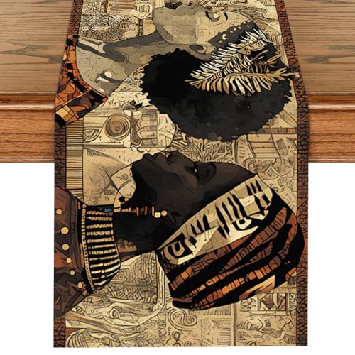 African Cultural Table Runner 13x72 Inch, Elegant Black and Gold Design with African Woman Motif, Unique Dining Table Decor for Cultural Events, Weddings, or Home Decor