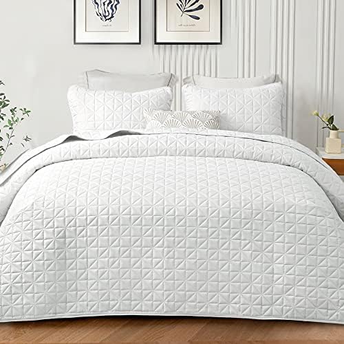 Exclusivo Mezcla King Size Quilt Sets, Lightweight Summer White Quilts Geometric Stitched Pattern with 2 Pillow Shams, Ultra Soft Quilted Bedspreads Bedding Coverlets for All Seasons