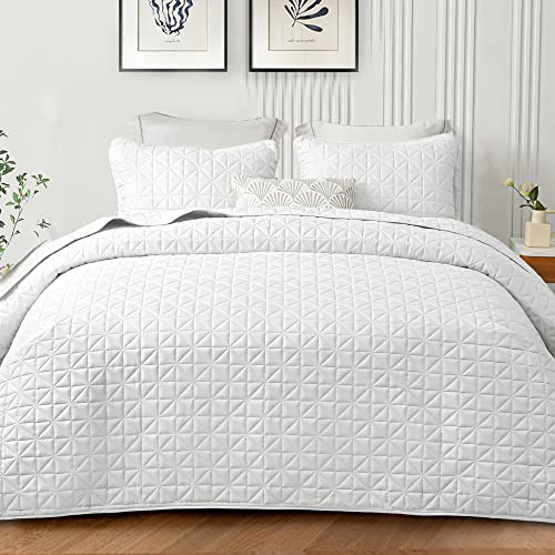 Exclusivo Mezcla King Size Quilt Sets, Lightweight Summer White Quilts Geometric Stitched Pattern With 2 Pillow Shams, Ultra Soft Quilted Bedspreads Bedding Coverlets For All Seasons #TOP3