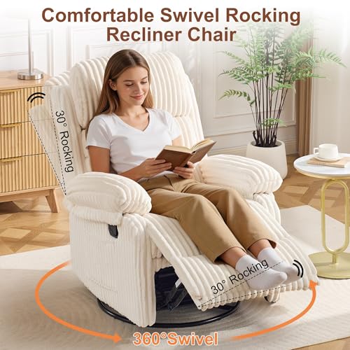 Image of Korser Rocking Recliner Chair, Nursery Rocker Chair for Adults, Small Recliners for Small Spaces, Swivel Rocker Recliner with Cushion, Upholstered Rocking Chairs for Living Room, RV, Corduroy