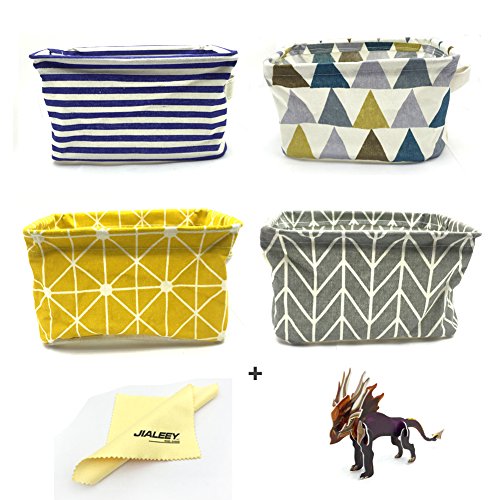 Foldable Storage Bin Basket, JIALEEY 4 PCS Foldable Fabric Storage Receive Basket with Handle Cotton Linen Blend Storage Bins for Makeup, Book, Baby Toy, 8x6x5.5 inch