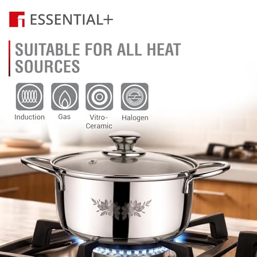 Image of Essential Plus by Bergner 4 Pcs Stainless Steel Cooking Pots Set - 16cm /1.6L Casserole with Glass Lid and 18cm /2.3L Casserole with Glass Lid, Less Oil Use, Healthy Cooking - Induction Bottom