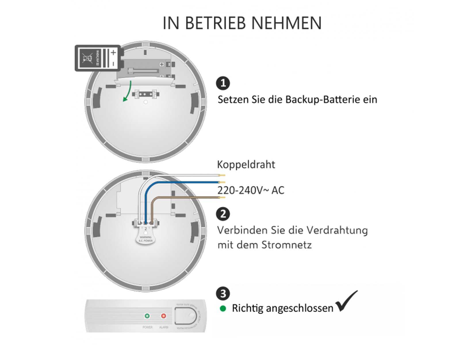 Juego de 2 detectores de humo conectables con conexión de 230 V + batería de reserva, señal de alarma de 85 dB
