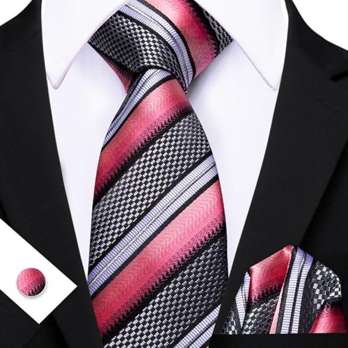 Image of Barry.Wang Tie Sets for Men Silk Stripe Necktie Woven Checkered Handkerchief Cufflinks Formal Business Wedding