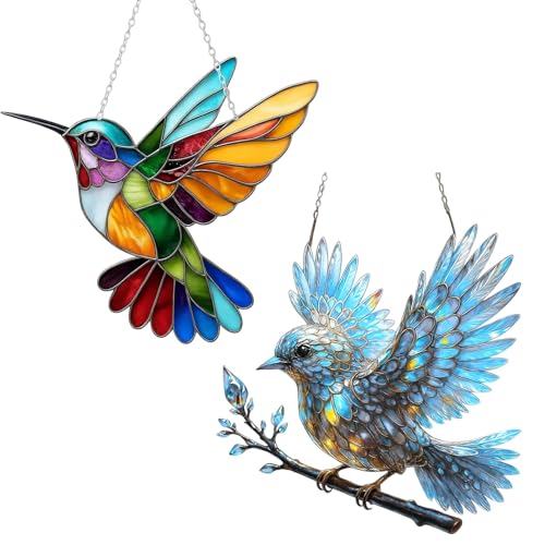 Sonnenfänger Kolibri, 2 Stück Farbiger Lichtfänger Aus Acryl Mit Glas-Effekt - Fensterdeko Hängend Für Garten, Balkon, Terrasse, Büro Und Wanddekoration