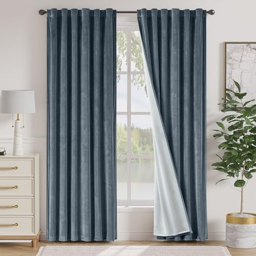 Image of Blackout Dark Slate Velvet Curtains Back Tab 52x84 Inch 2 Panels | Lined, Soft Velvet, For Bedroom & Living Space, Light Shifting Texture, Elegant Drape, Serene, Fresh