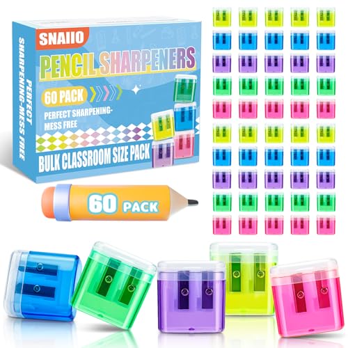 60 Pack Pencil Sharpeners Bulk - Colored Handheld Pencil Crayon Double Hole Sharpener, School Classroom Supplies