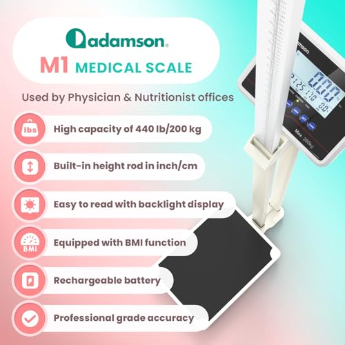 Image of Adamson M1 Medical Scale, 440 lb / 200 kg Capacity, BMI with Weight and Height, Professional Digital Scale for Body Weight, Home, Hospital, & Physicians, Heavy Duty - White