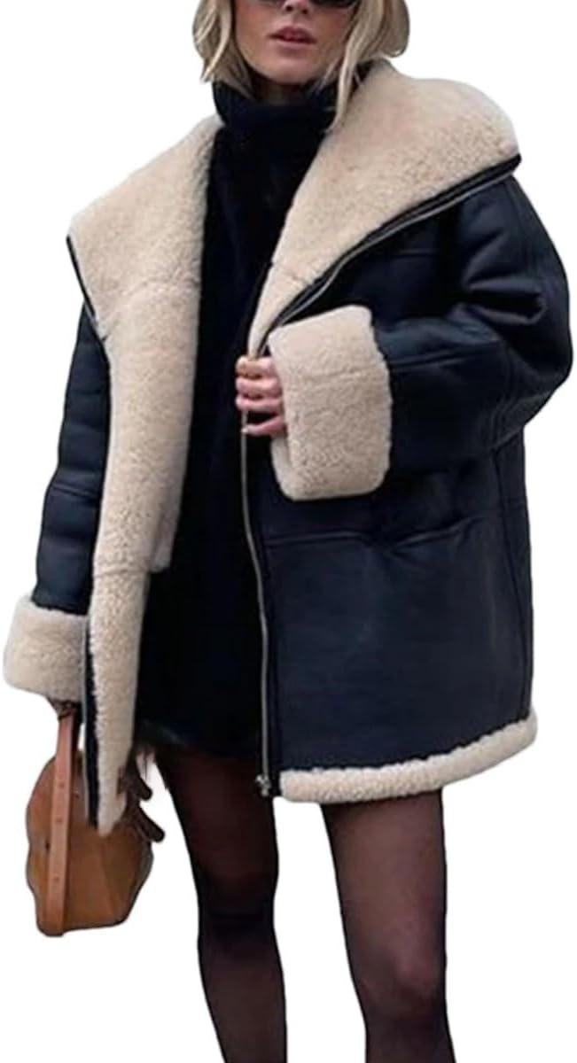 Faux Leather Jacket For Women Coats Winter Warm Zipper Long Sleeve Jacket