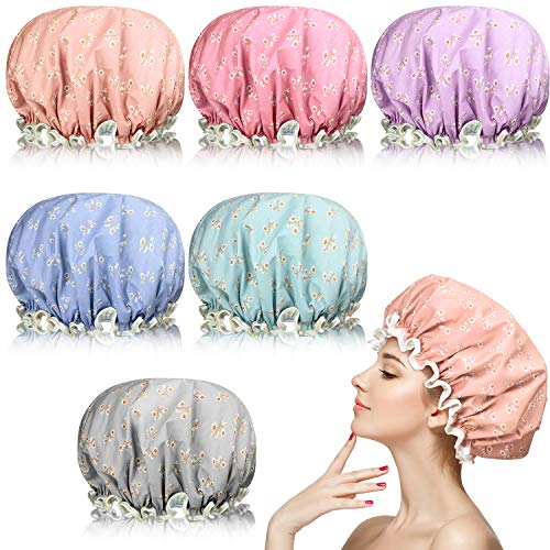 6 Pieces Woman Shower Caps Waterproof Bath Cap Double-layer Bath Hat Bathing Shower Caps for Women to Cover Long and Thick Hair