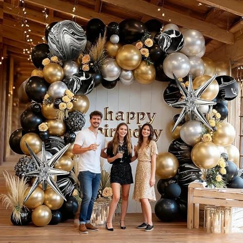 Black Gold Silver Balloon Garland Black Agate Foil Explosion Star Balloons Arch Kit for Birthday New Year Christmas Wedding Bachelorette Retirement Anniversary Graduation Party Decorations - Image 3