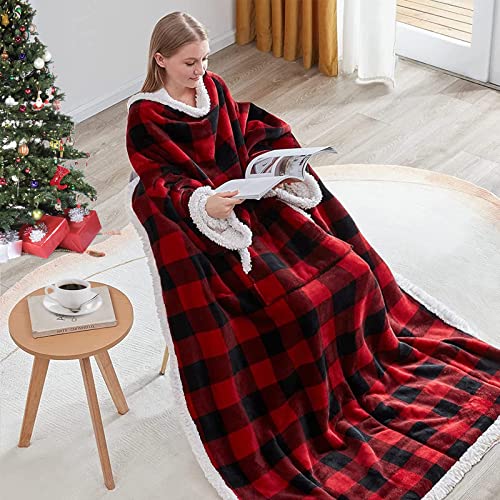 Touchat Sherpa Wearable Blanket With Sleeves For Adult Women Men, Warm, Cozy, Super Soft Plush Fuzzy Throw Blanket, Tv Reading Blanket Wrap Robe Cover For Sofa With Foot Pocket (Red Plaid) #TOP1