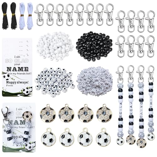 Tuhangcc 500 Pcs Soccer DIY Keychain Making Kit, Adjustable Letter Alphabet Beads Strings, 16 Charm Cards with Lobster Clasps & Strings for Sport Theme Party Favor Gift (Soccer)
