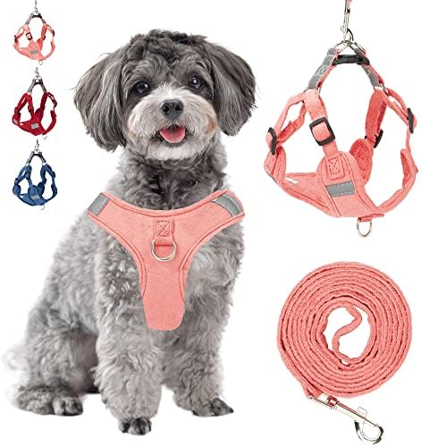 HUSDOW Small Dog Harness with 5 Ft Leash, Lightweight Soft Dog Halter Harness, Adjustable Reflective No Pull Dog Halter Harness (XS, Pink)