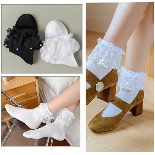 Image of Women Ruffle Socks, Soft Comfortable Lace Frilly Fashion Princess Socks with Pearls 3 Pairs