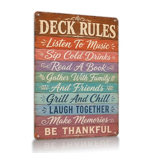 Deck Rules Metal Tin Sign, Rustic Farmhouse Wall Decor Patio Backyard Outdoor Summer Gathering Entertainer Gift Decor 8x5.5 Inch