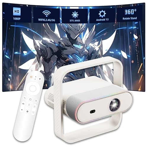 NSL03 Proyector Inteligente,2.4G+5G WIFI6 y BT5.4,rotación Libre de 360°,miniproyector portátil Android 13,iluminación Ambiental RGB,Enfoque automático y corrección Trapezoidal,Cine en casa (Blanco)