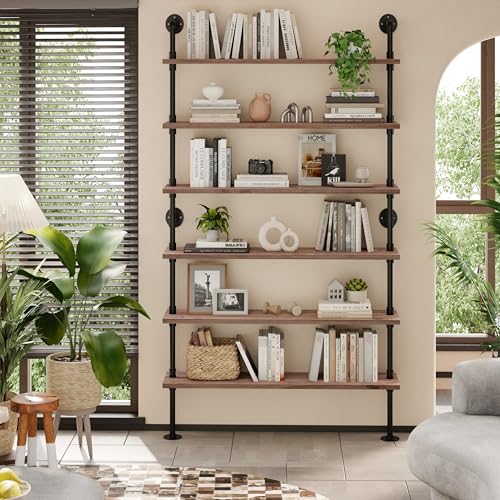 Industrial Pipe Bookshelf, Wall Mounted Shelf, 48 Inch, Weathered Brown | 6 Tier Open Bookcase, Solid pine wood, black iron pipe frame, 50 lbs per shelf, for books, kitchen, office decor