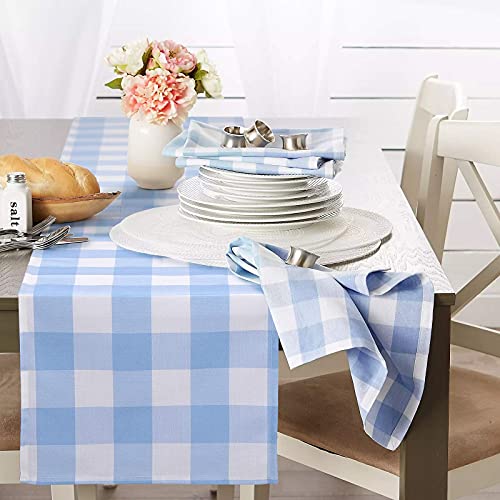 yuboo Light Blue Gingham Table Runner Buffalo Plaid Table Cloth 72 inches Long Peter Rabbit Party Supplies Farmhouse Rustic