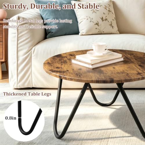 Image of Round Coffee Table Wooden Coffee Tables for Living Room Mid-Century Modern Center Table Wood Grain Desktop and Metal Legs Easy to Assemble Dark Brown
