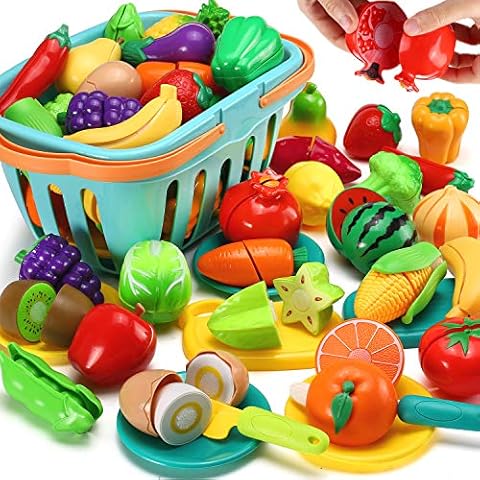 70 PCS Cutting Play Food Toy for Kids Kitchen, Pretend Fruit &Vegetables Accessories with Shopping Storage Basket, Plastic Mini Dishes and Knife, Educational Toy for Toddler Children Birthday Gift Cover