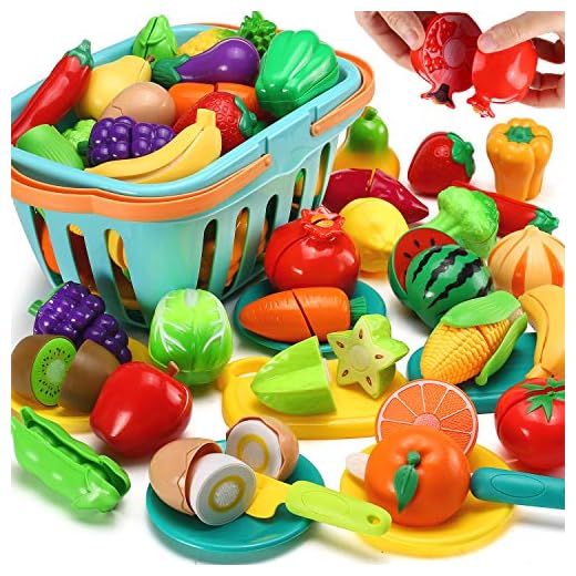 70 PCS Cutting Play Food Toy for Kids Kitchen, Pretend Fruit &Vegetables Accessories with Shopping Storage Basket, Plastic Mini Dishes and Knife, Educational Toy for Toddler Children Birthday Gift