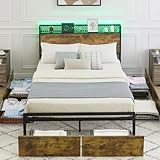 IDEALHOUSE Queen LED Bed Frame with Storage Headboard and 6 Drawers, Queen Size Platform Bed with Charging Station, Strong Wood Slats Support, Noise-Free, Vintage Brown
