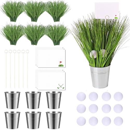 Onmlkkd 6 Set Golf Themed Party Decorations Kit – 6 Buckets 12 Mini Golf Balls 90 Artificial Grass 6 Double Sided Cards Golf Decor Golf Party Favors